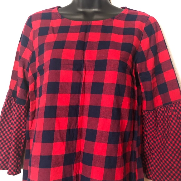J.CREW MERCANTILE plaid boho bell sleeve shirt 2 - Picture 4 of 14